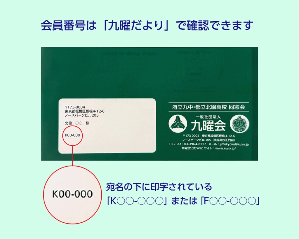 会員番号は「九曜だより」送付封筒の宛名の下に「K〇〇-〇〇〇」または「F〇〇-〇〇〇」の形式で印字されています
